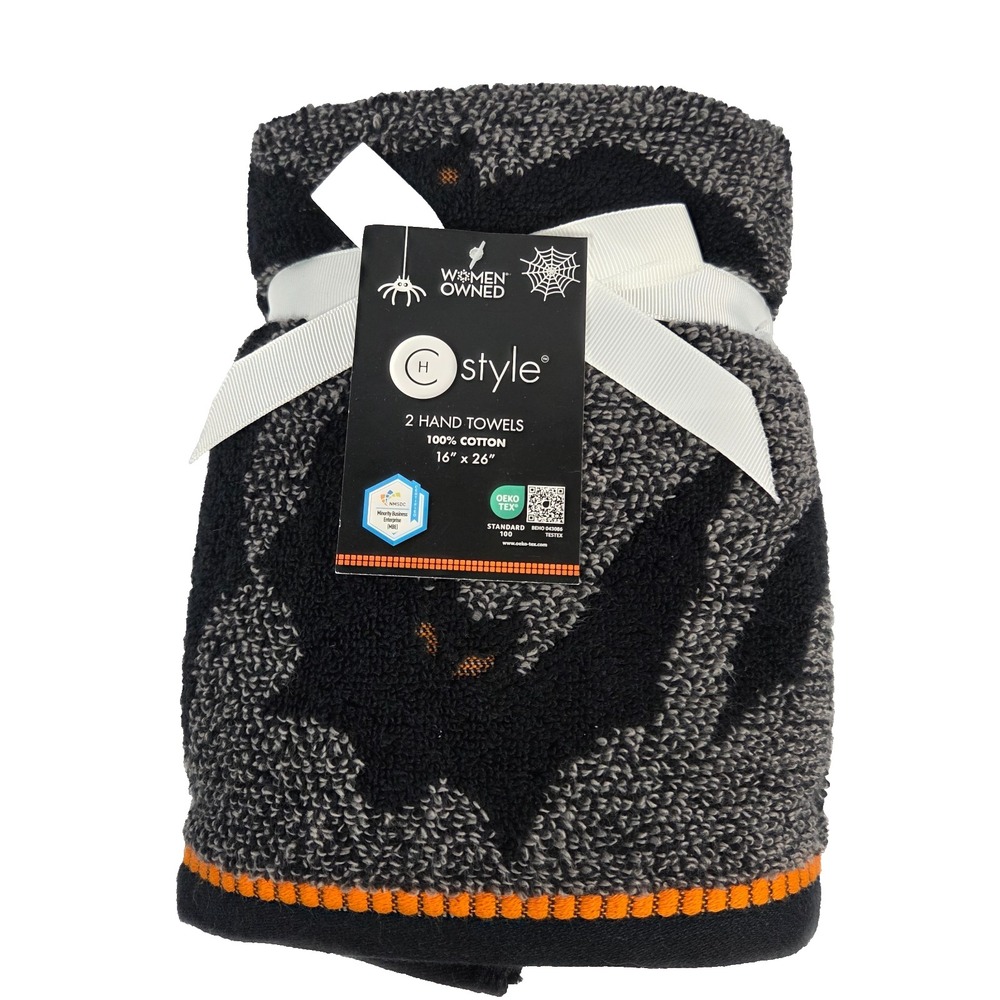 CH Style Halloween Bat Hand Towels Set of 2 Black Gray Orange 16 x 26 Inch New